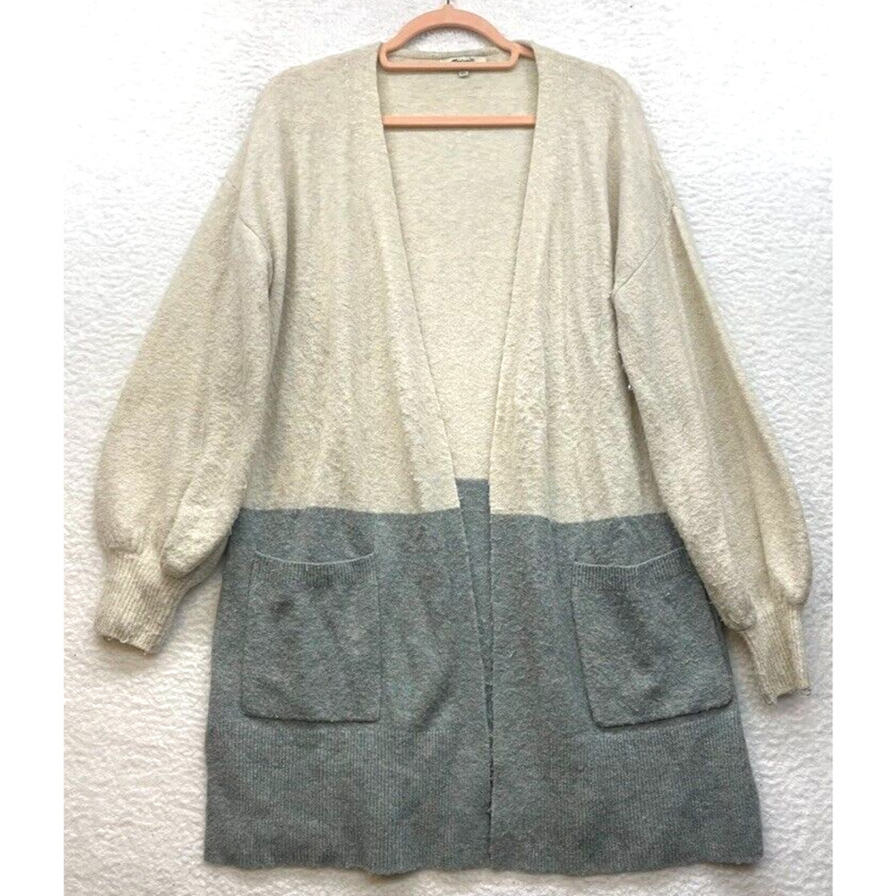 Madewell Sweater Womens XS Cream Gray Edgewater Bubble Sleeve Cardigan Alpaca